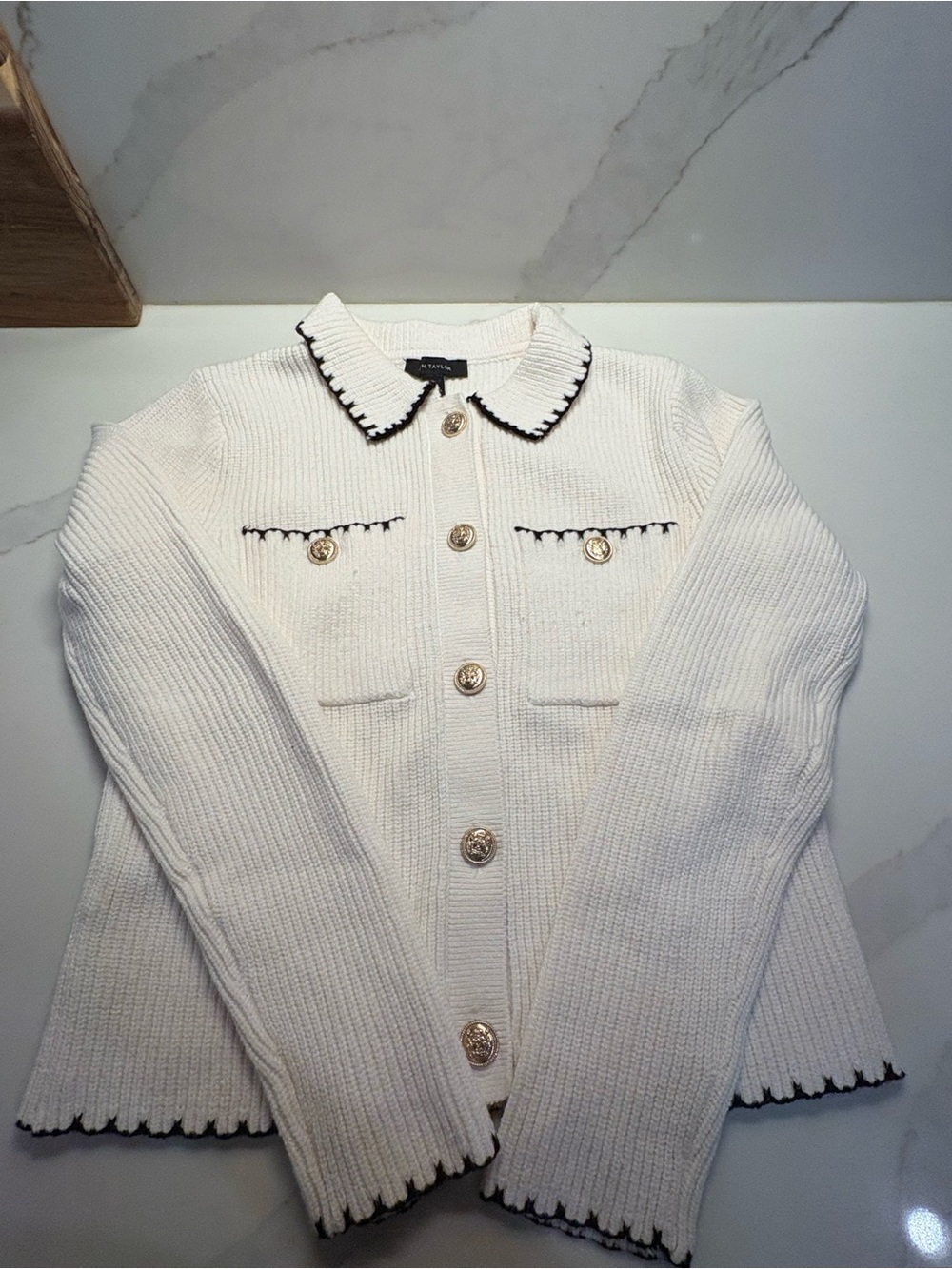 Ann Taylor Cream Ribbed Knit Jacket with Black Trim and Gold Buttons